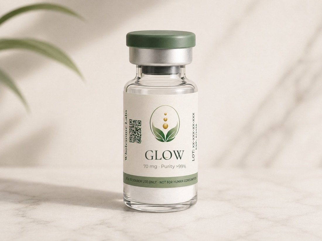 A Wholesome Labs research vial on a marble surface, labelled for research use only